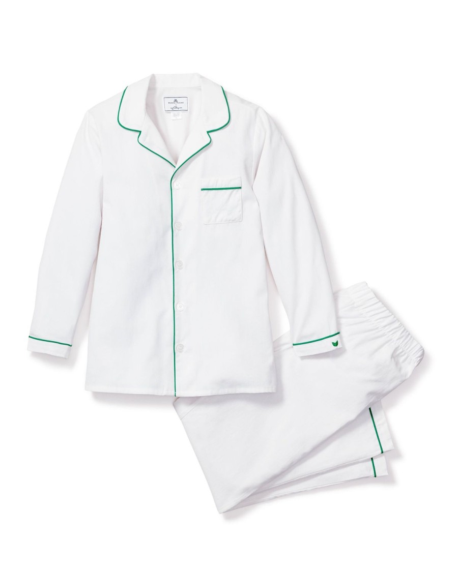 Kids Petite Plume Pajamas | Kid'S Twill Pajama Set In White With Green Piping