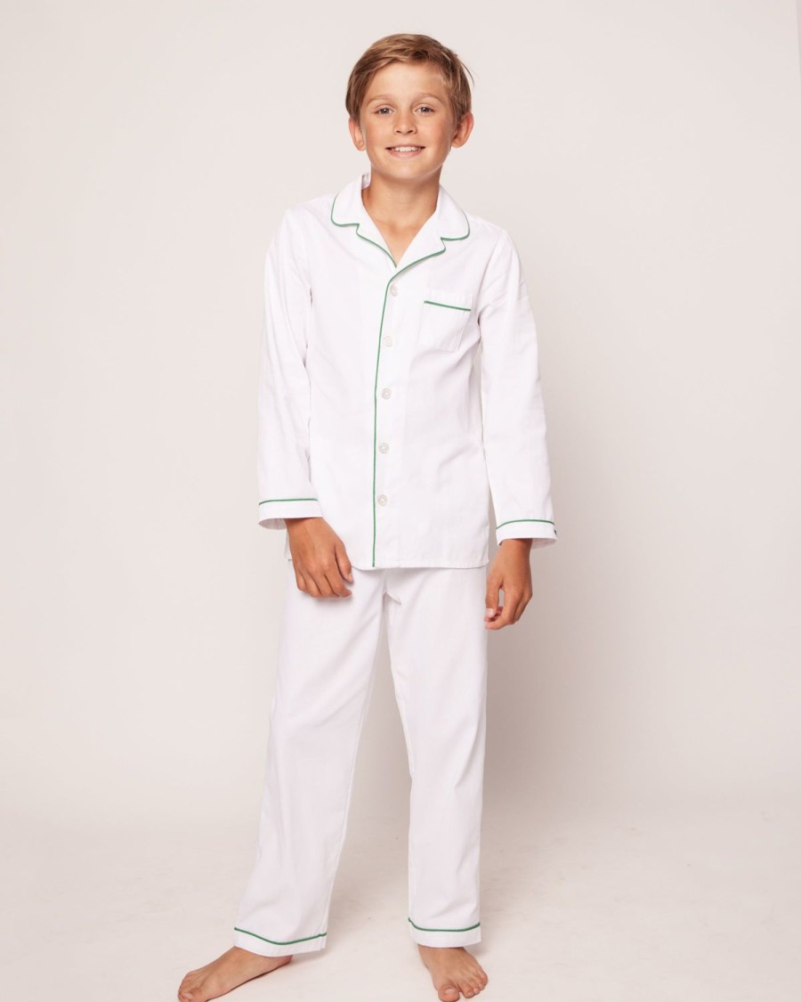 Kids Petite Plume Pajamas | Kid'S Twill Pajama Set In White With Green Piping