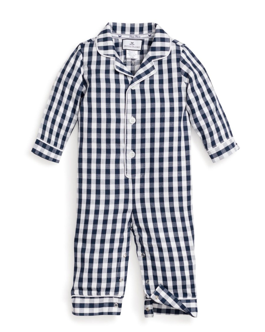 Kids Petite Plume Rompers | Baby'S Twill Winter Romper In Navy Gingham