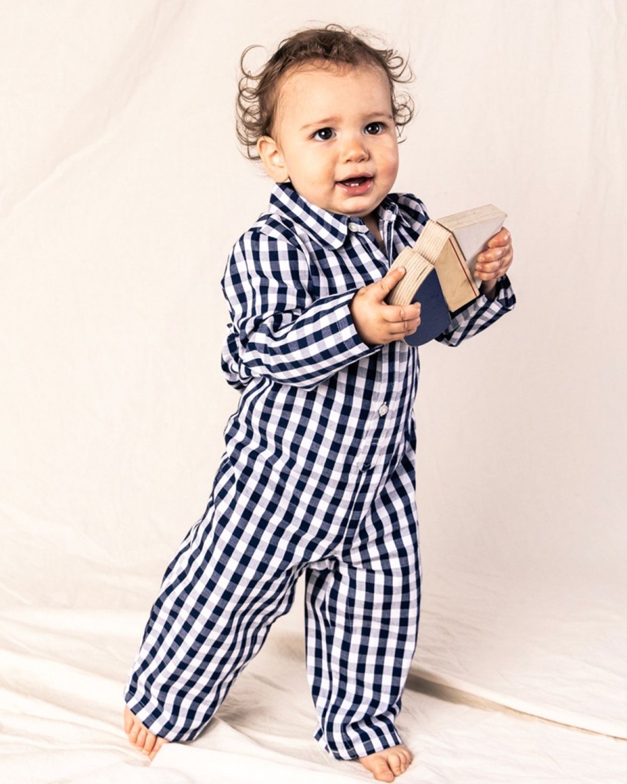 Kids Petite Plume Rompers | Baby'S Twill Winter Romper In Navy Gingham