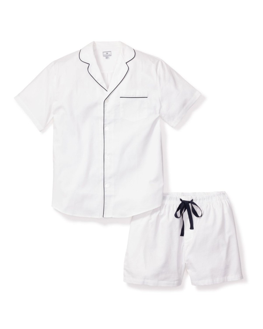 Men Petite Plume | Men'S Twill Pajama Short Set In White With Navy Piping