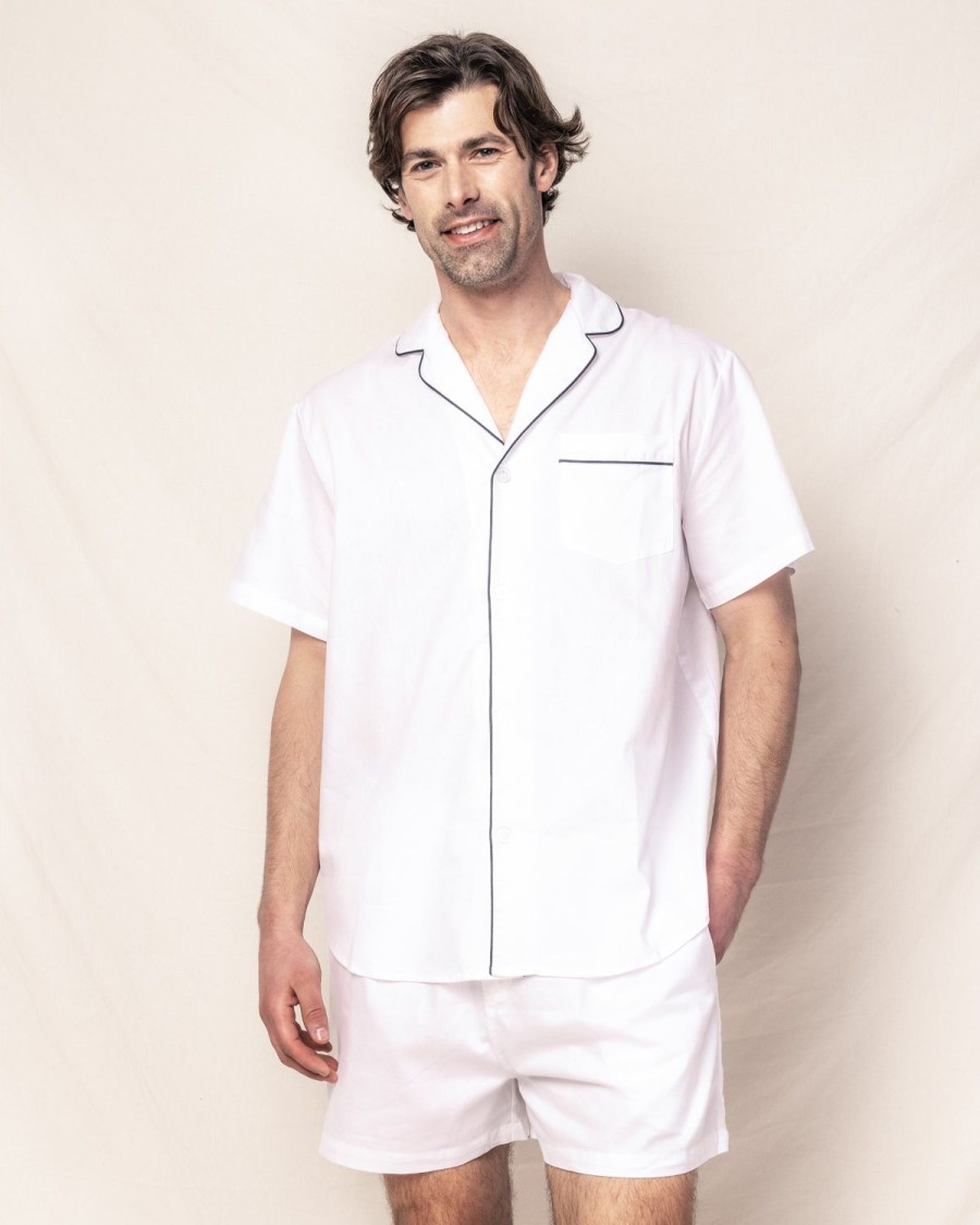 Men Petite Plume | Men'S Twill Pajama Short Set In White With Navy Piping