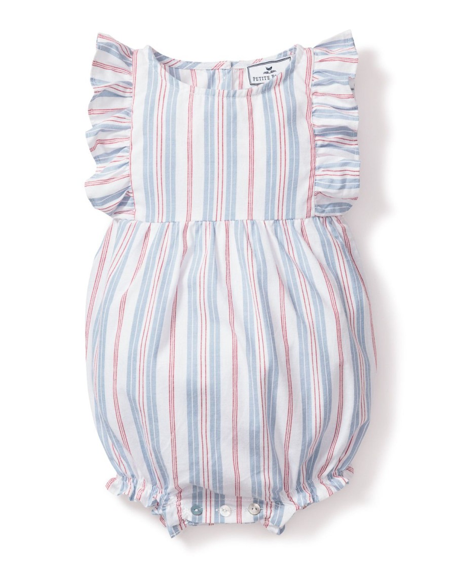 Kids Petite Plume Rompers | Baby'S Twill Ruffled Romper In Vintage French Stripes