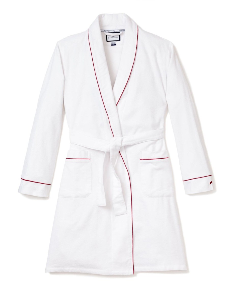 Women Petite Plume | Women'S Flannel Robe In White With Red Piping