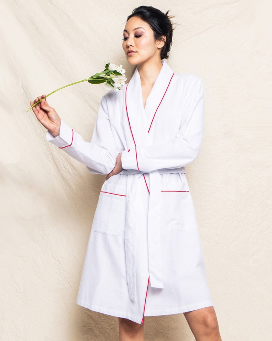 Women Petite Plume | Women'S Flannel Robe In White With Red Piping