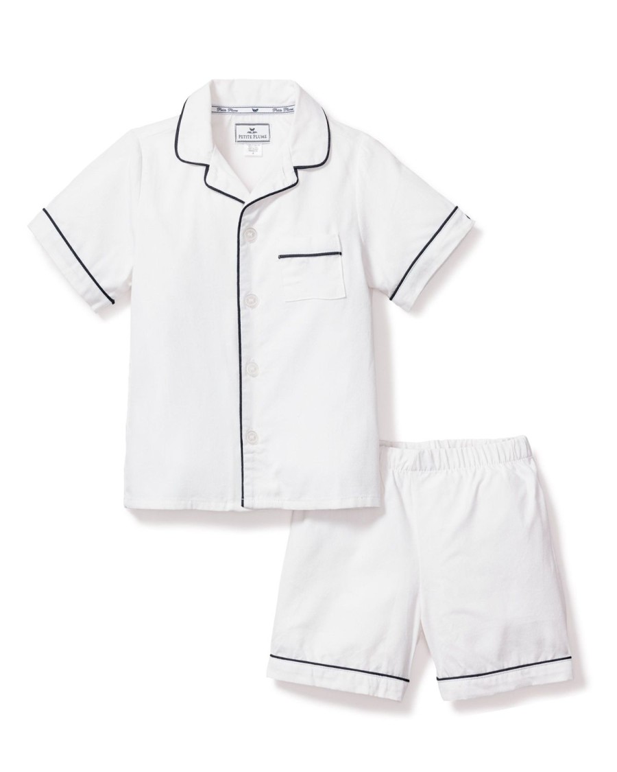 Kids Petite Plume Pajamas | Kid'S Twill Pajama Short Set In White With Navy Piping