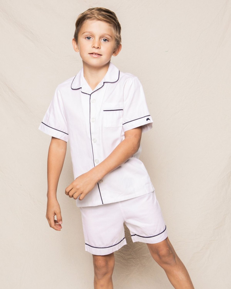 Kids Petite Plume Pajamas | Kid'S Twill Pajama Short Set In White With Navy Piping