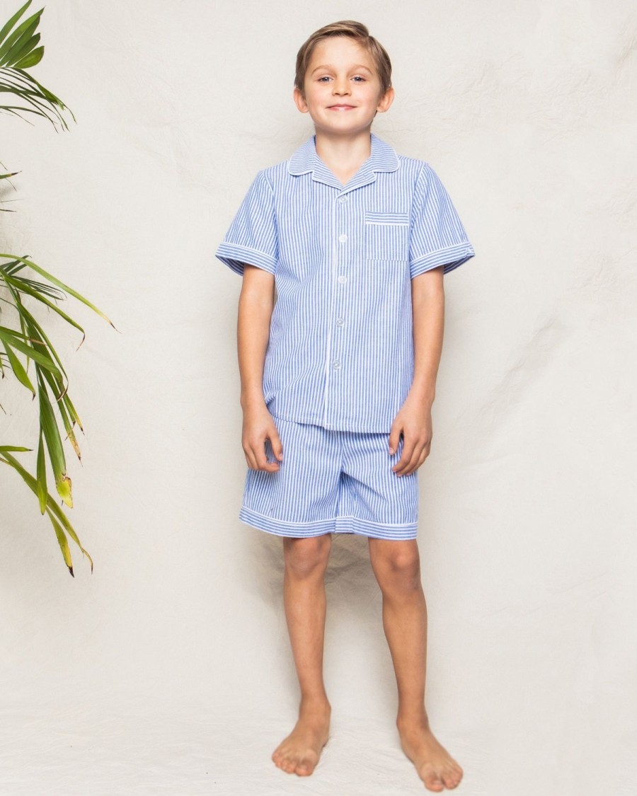 Kids Petite Plume Pajamas | Kid'S Twill Pajama Short Set In French Blue Seersucker