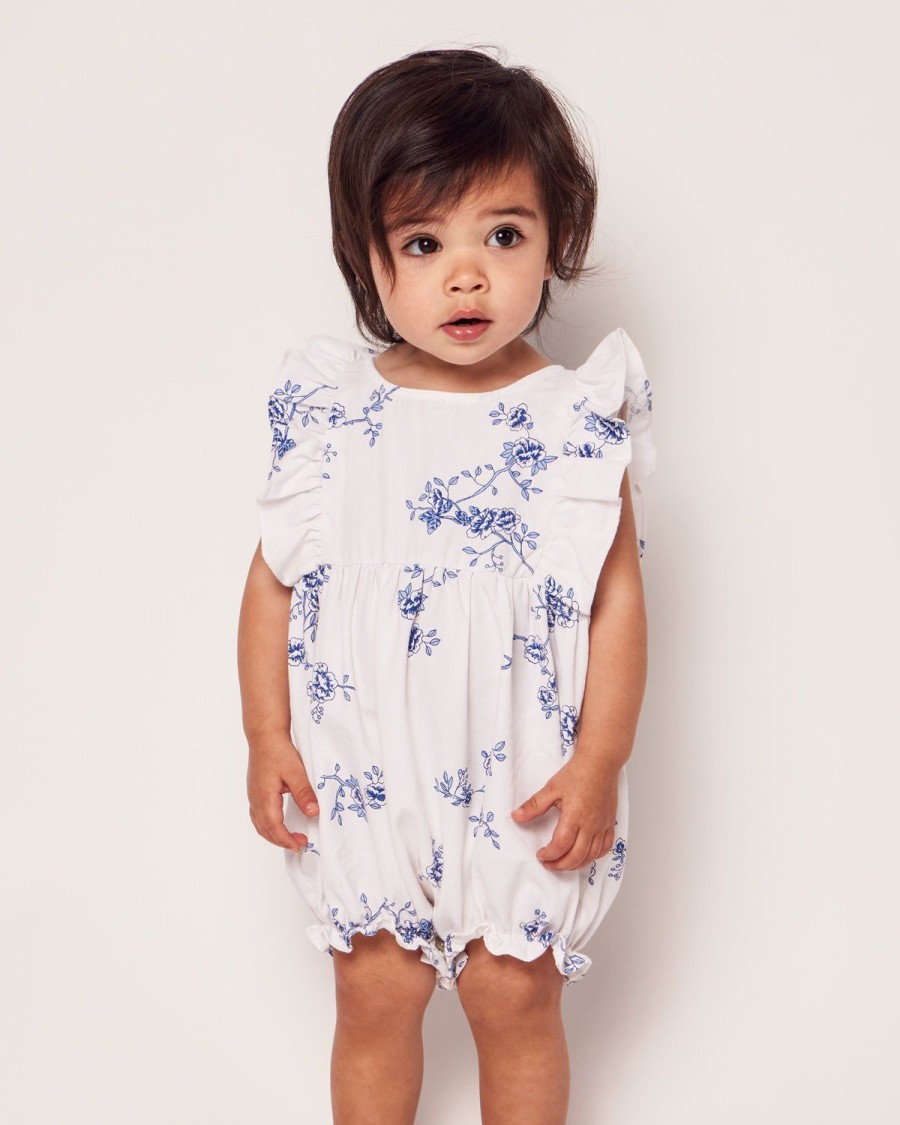 Kids Petite Plume Rompers | Baby'S Twill Ruffled Romper In Indigo Floral