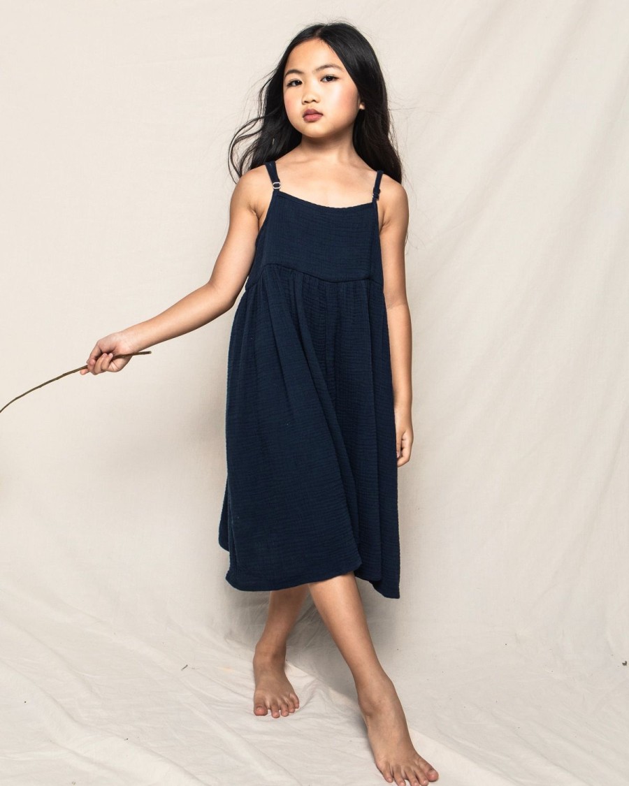 Kids Petite Plume Daywear | Girl'S Gauze Serene Sundress In Navy