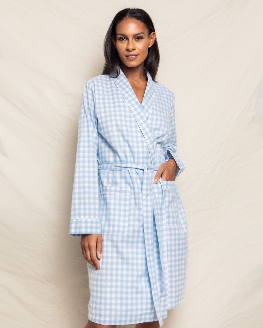 Women Petite Plume | Women'S Twill Robe In Light Blue Gingham