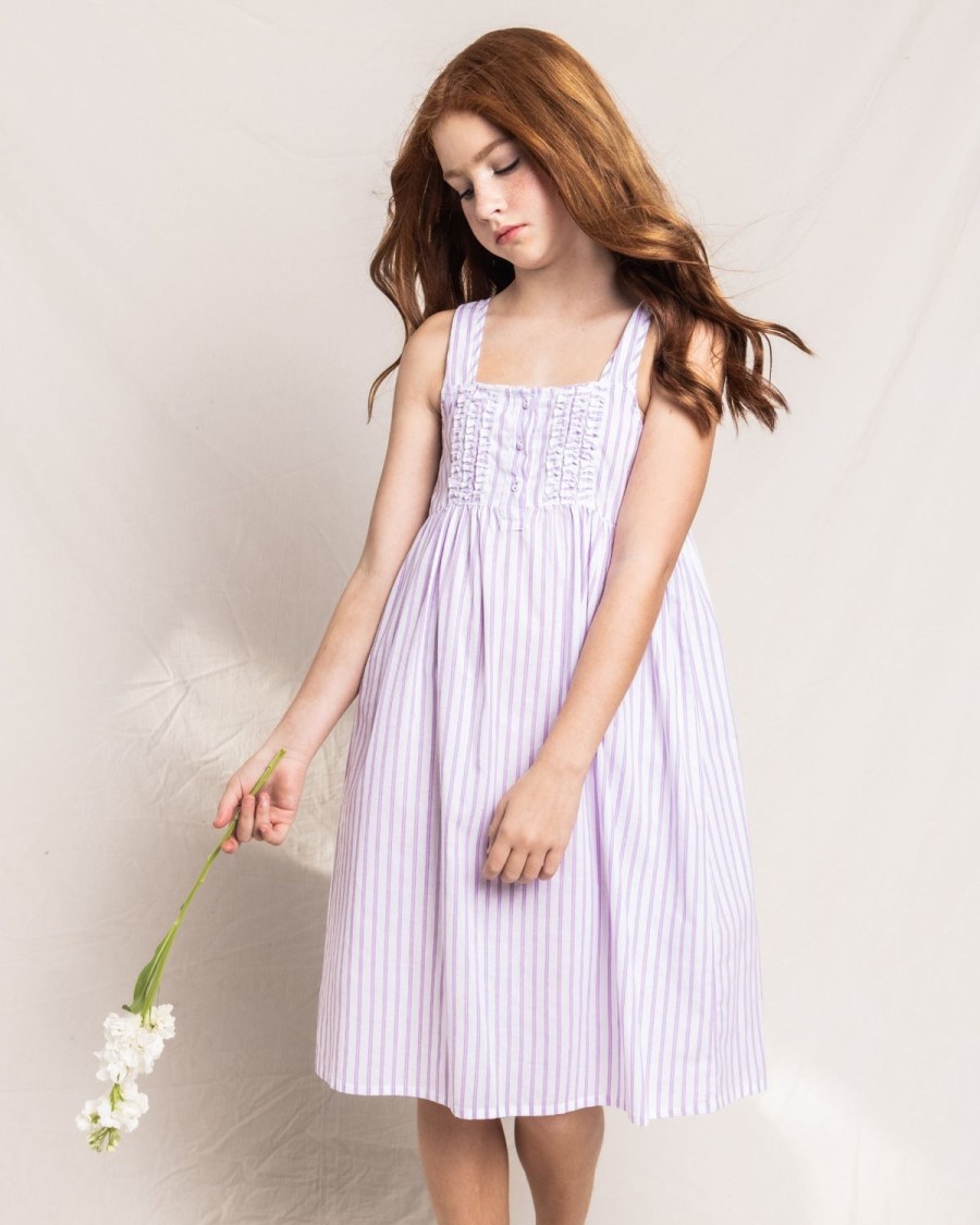 Kids Petite Plume Nightgowns | Girl'S Twill Charlotte Nightgown In Lavender French Ticking