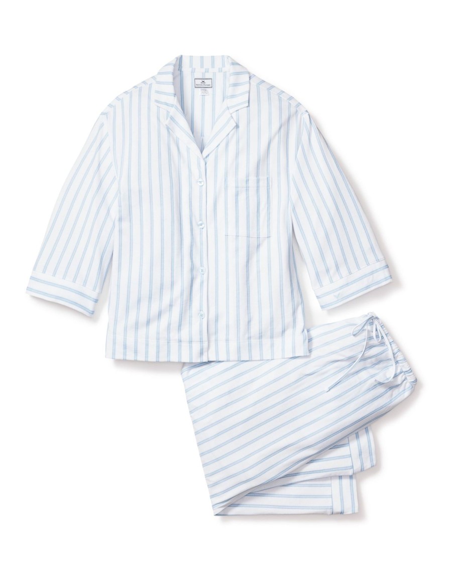 Women Petite Plume | Women'S Pima Wide Leg Pajama Set In Periwinkle Stripe