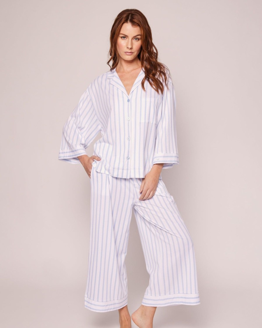 Women Petite Plume | Women'S Pima Wide Leg Pajama Set In Periwinkle Stripe