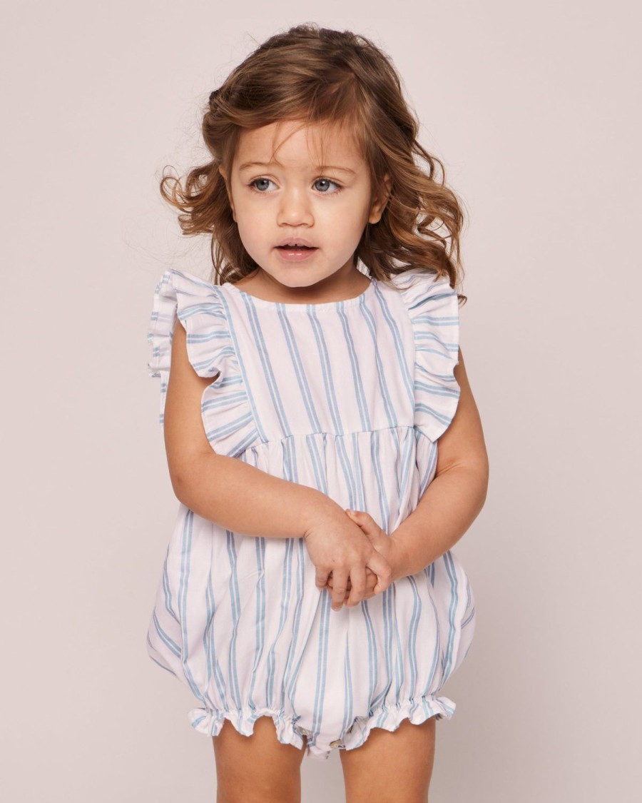 Kids Petite Plume Rompers | Baby'S Twill Ruffled Romper In Periwinkle Stripe