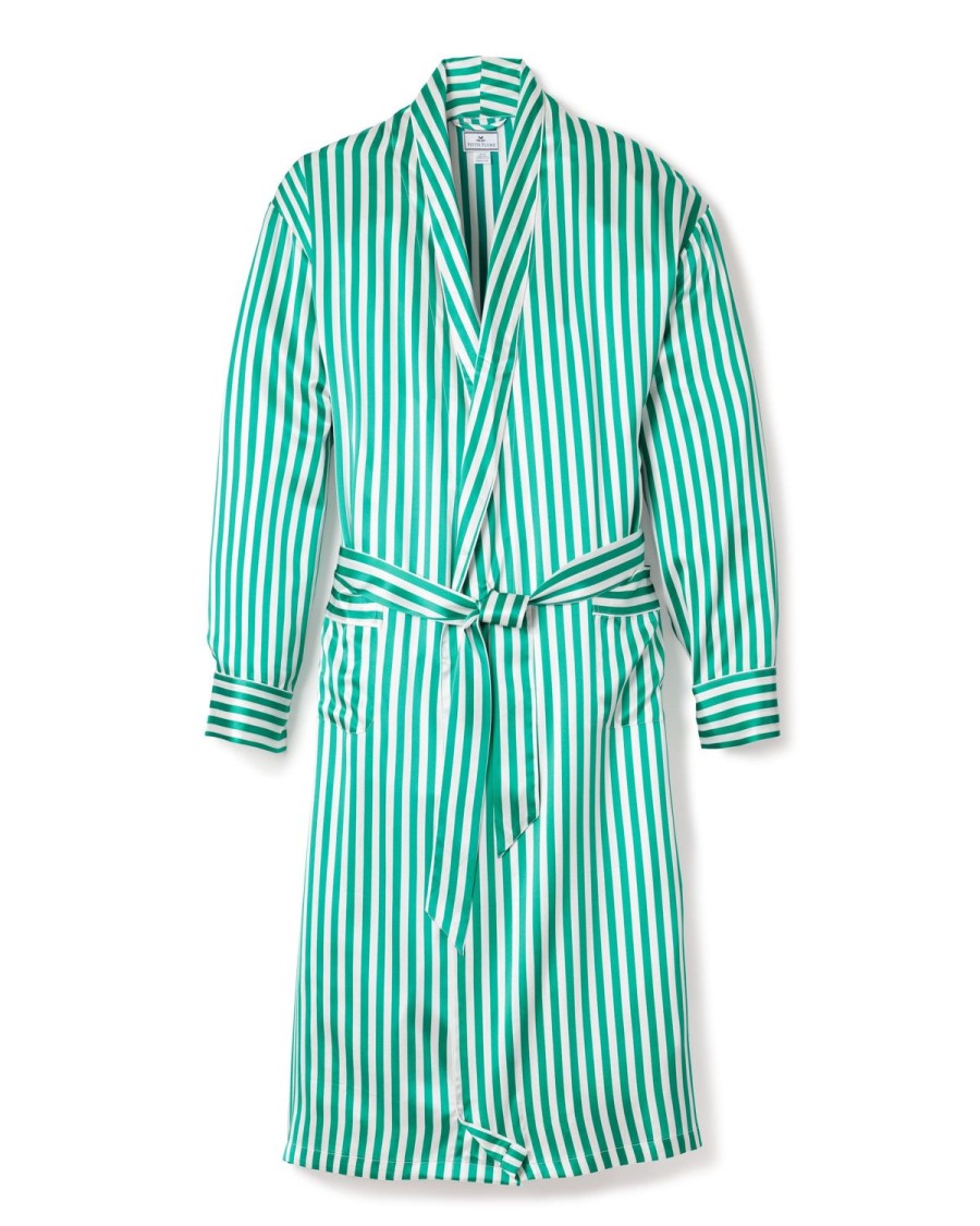 Men Petite Plume | Men'S Silk Long Robe In Green Stripe