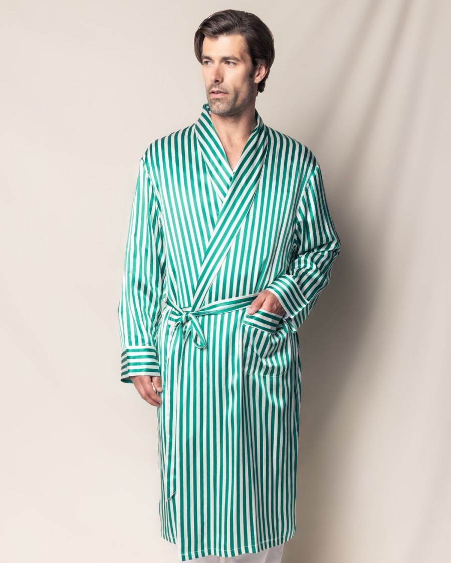 Men Petite Plume | Men'S Silk Long Robe In Green Stripe